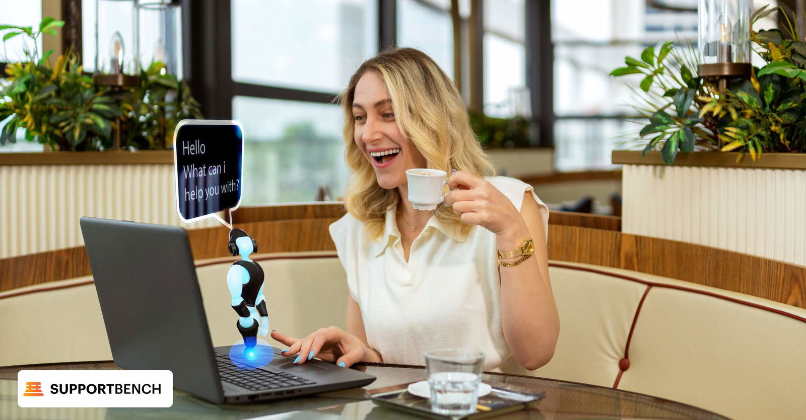 A businesswoman smiles at her laptop, utilizing AI tools to elevate customer service experiences.